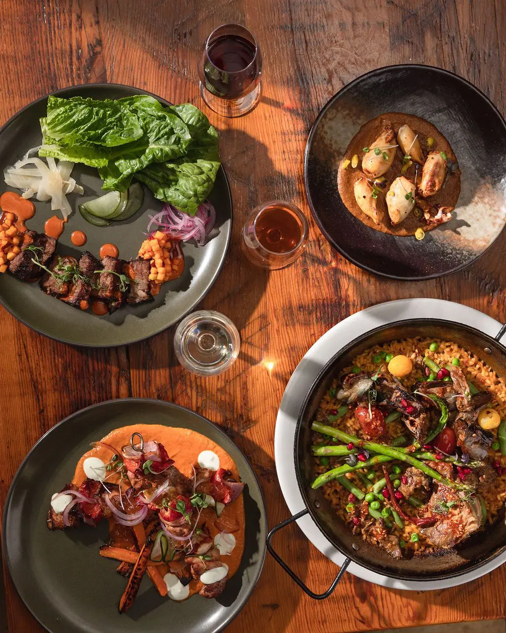 A table with plates of food on it