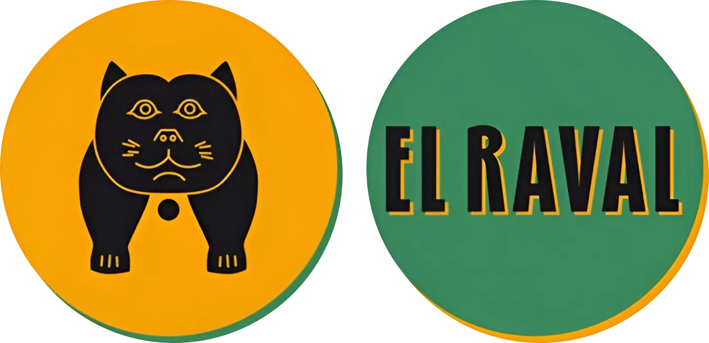 Two circular patches: one with a stylized black cat on an orange background, the other with the text "EL RAVAL" on a green background.